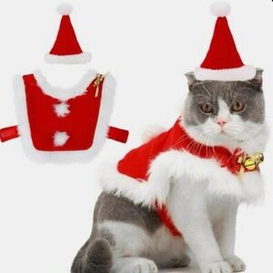Cat Christmas Costume Adjustable Cute Santa Pet Cape Cat Santa Clothes with Bell